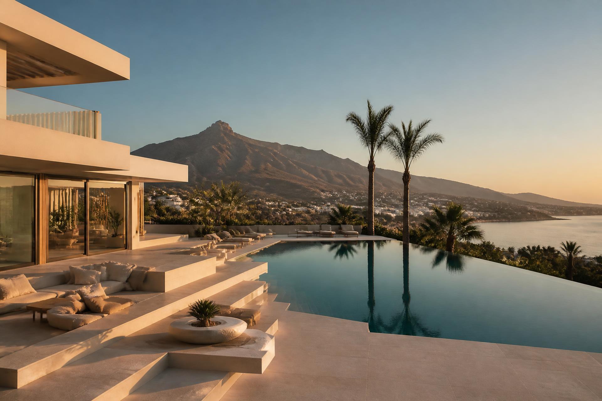 Villa terrace overlooking the Marbella coastline at golden hour